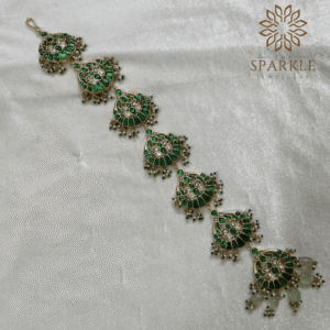 Gold plated green stone Jadau Pachi Kundan hair braid with pearl drops South Indian Punjabi traditional Indian hair accessory by The Sparkle Jewellery