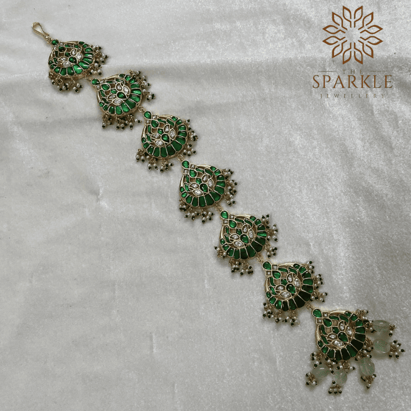 Gold plated green stone Jadau Pachi Kundan hair braid with pearl drops South Indian Punjabi traditional Indian hair accessory by The Sparkle Jewellery