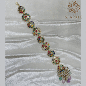 Multicolor Jadau Pachi Kundan 18K Gold Plated Hair Braid with Pearl Drops | The Sparkle Jewellery