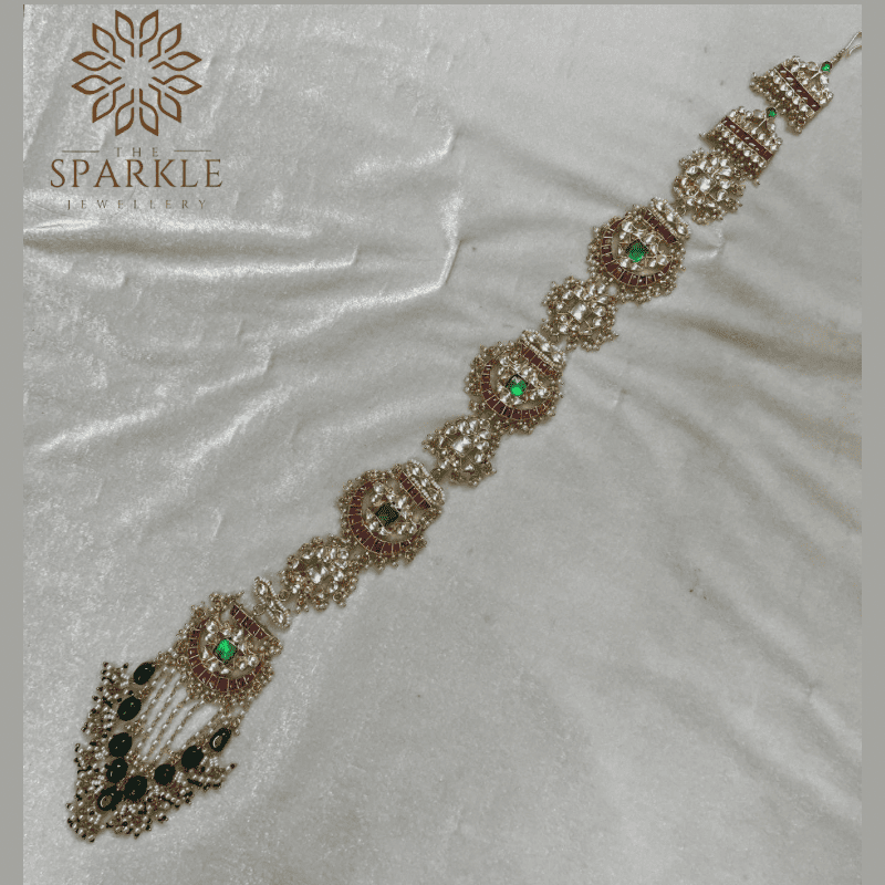 Ruby brown emerald green black pearl drop Jadau Pachi Kundan 18K gold plated hair braid Indian South Asian Punjabi hair accessory by The Sparkle Jewellery