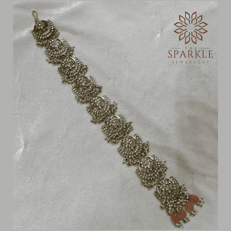 Silver Finish Jadau Pachi Kundan Hair Braid with Coral Orange Beads | The Sparkle Jewellery
