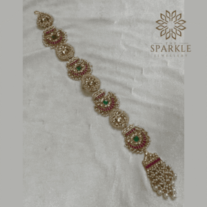Ruby pink emerald green pearl drop Jadau Pachi Kundan 18K gold plated hair braid Indian South Asian Punjabi hair accessory by The Sparkle Jewellery