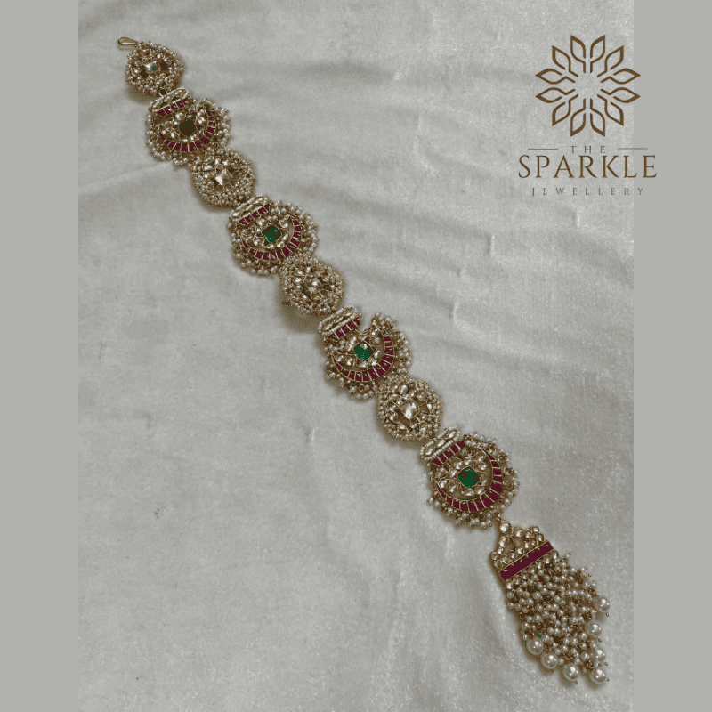 Ruby pink emerald green pearl drop Jadau Pachi Kundan 18K gold plated hair braid Indian South Asian Punjabi hair accessory by The Sparkle Jewellery