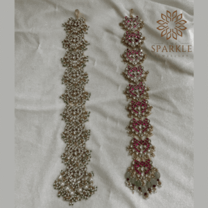 Gold Plated Ivory White Ruby Pink Jadau Pachi Kundan Hair Braid Set with Pearl Drops | The Sparkle Jewellery