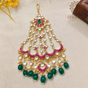 jadau pachi kundan passa hair accessory gold plated with emerald green drops ruby pink enamel indian bridal head jewellery worldwide shipping