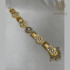White Mother of Pearl Jadau 18K gold plated hair braid jewellery with pearl tassel drops by The Sparkle Jewellery