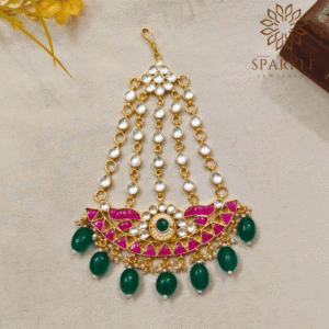 jadau pachi kundan passa hair accessory gold plated emerald green drops ruby pink enamel luxury indian bridal head jewellery worldwide