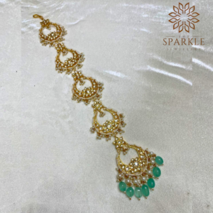 White Pachi Kundan Jadau passa with mint green drops and pearl detailing in 22K gold plating by The Sparkle Jewellery