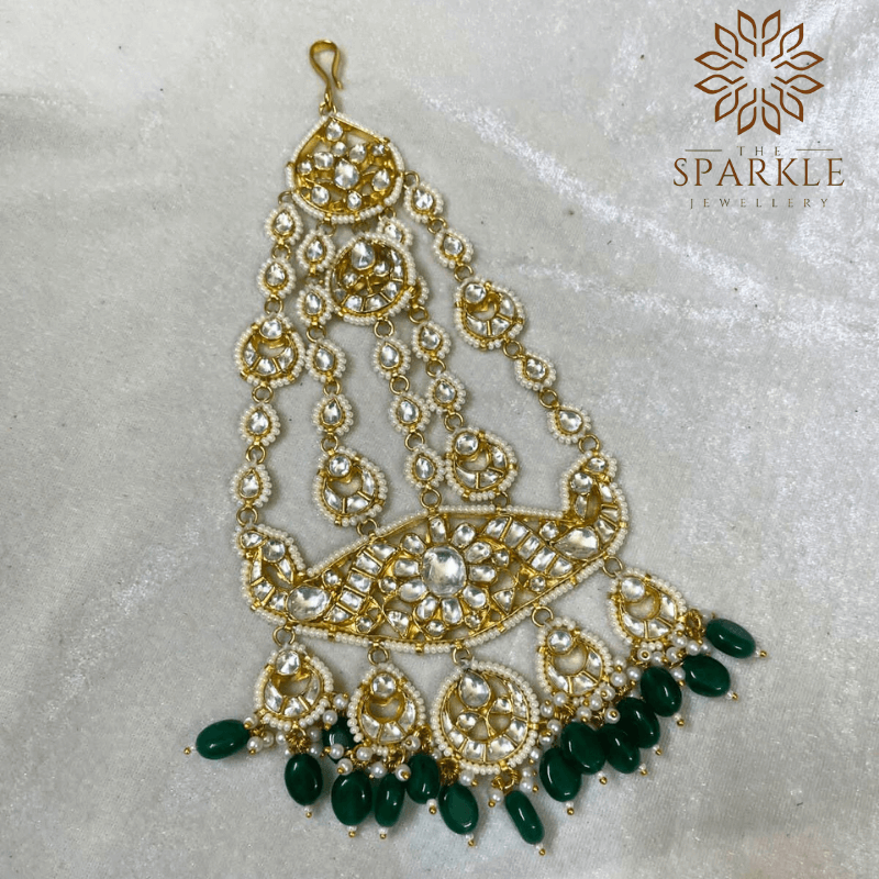 The Sparkle Jewellery emerald green drop jadau kundan gold plated passa side jhumar hair accessory