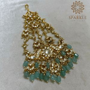 The Sparkle Jewellery mint green drop jadau kundan gold plated passa side jhumar hair accessory