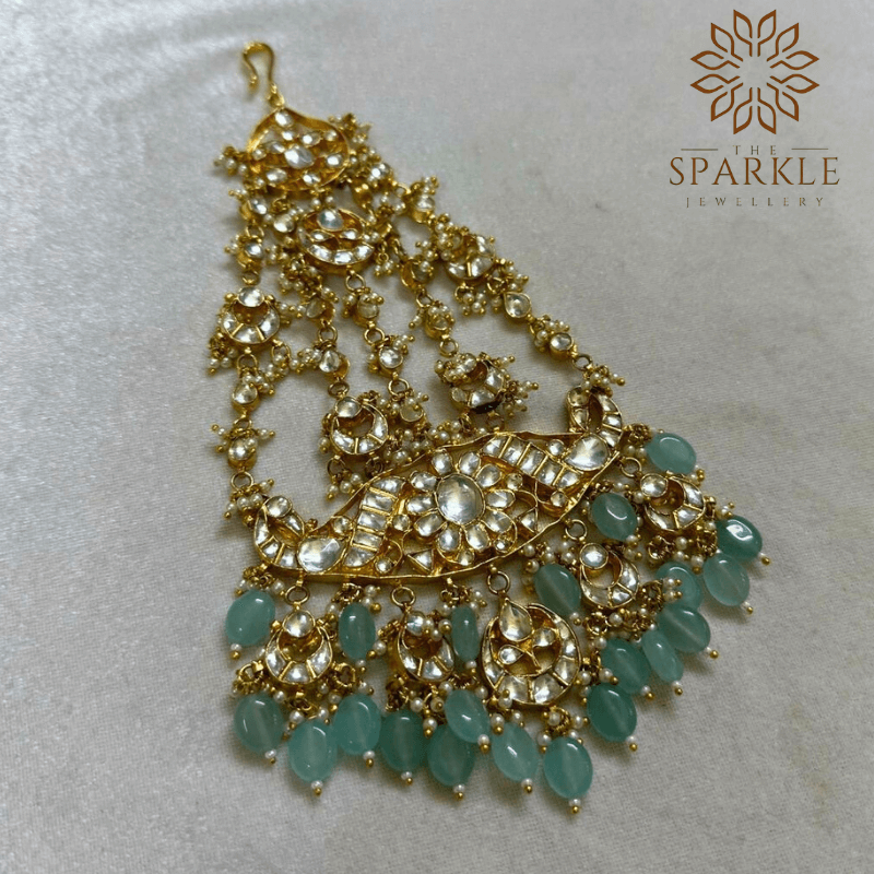 The Sparkle Jewellery mint green drop jadau kundan gold plated passa side jhumar hair accessory