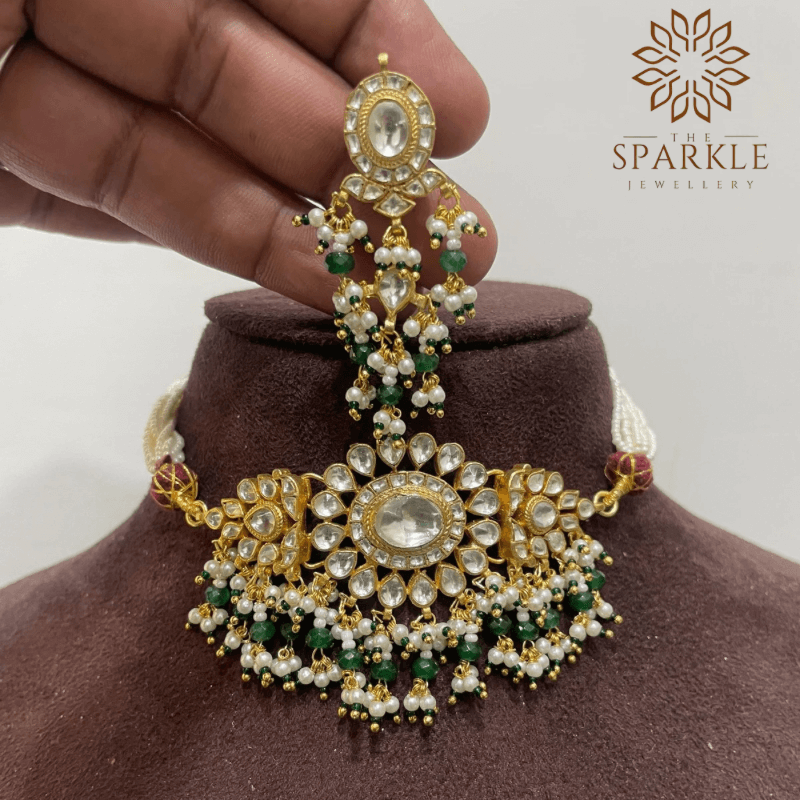 Emerald green drop pachi kundan jadau choker necklace set with earrings white kundan polki stones pearl detailing 22k gold plated jewellery by The Sparkle Jewellery