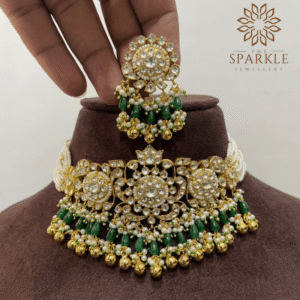 Royal green drop pachi kundan jadau choker necklace set with white kundan stones and pearl detailing by The Sparkle Jewellery 22k gold plated handmade indian jewellery