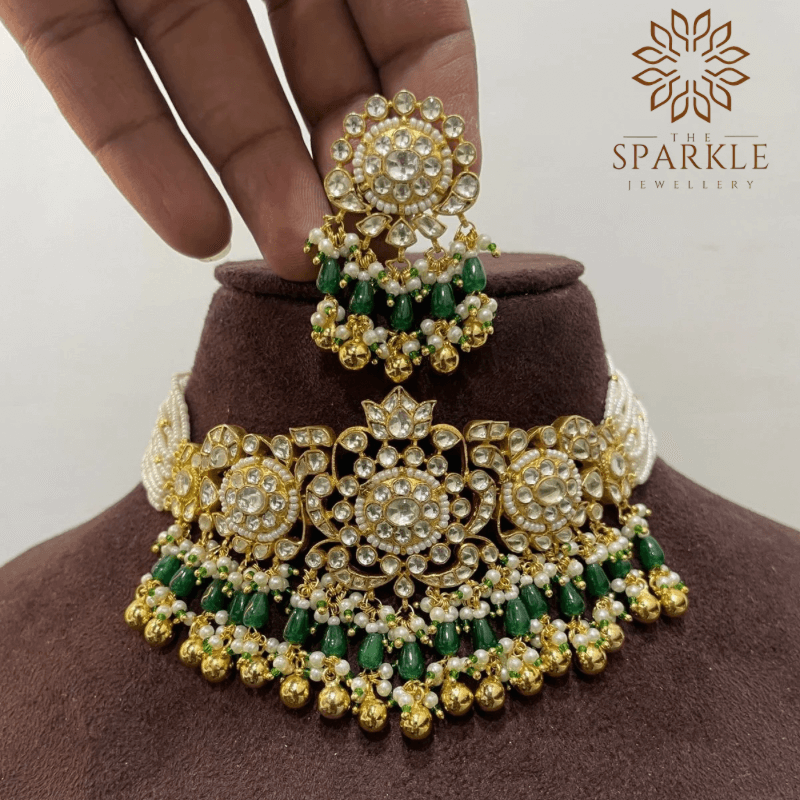 Royal green drop pachi kundan jadau choker necklace set with white kundan stones and pearl detailing by The Sparkle Jewellery 22k gold plated handmade indian jewellery