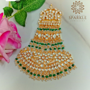 Royal white Pachi Kundan jadau passa hair accessory with green bead layers in 22K gold plating by The Sparkle Jewellery