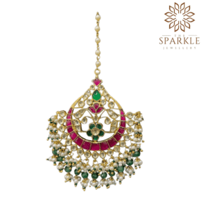 Rani pink and emerald green pachi jadau kundan maang tikka with off white ivory kundan stones pearl clusters 22k gold plated by The Sparkle Jewellery