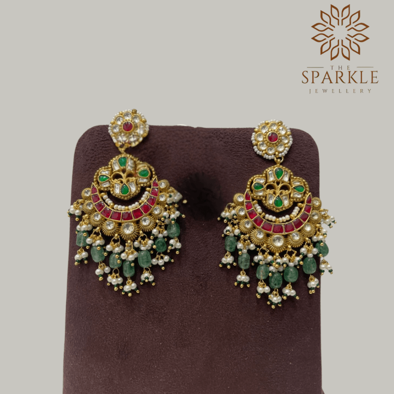 Heritage ruby emerald pachi kundan jadau chandbali earrings with mint green bead drops pearl clusters 22k gold plated jewellery by The Sparkle Jewellery