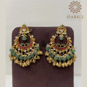 Heritage ruby emerald pachi kundan jadau chandbali earrings with mint green bead drops antique gold shell charms pearl clusters 22k gold plated jewellery by The Sparkle Jewellery
