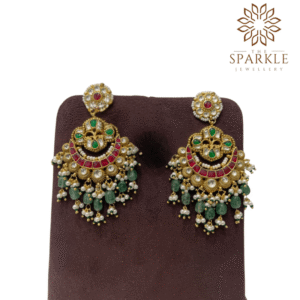Heritage ruby emerald pachi kundan jadau chandbali earrings with mint green bead drops pearl clusters 22k gold plated jewellery by The Sparkle Jewellery
