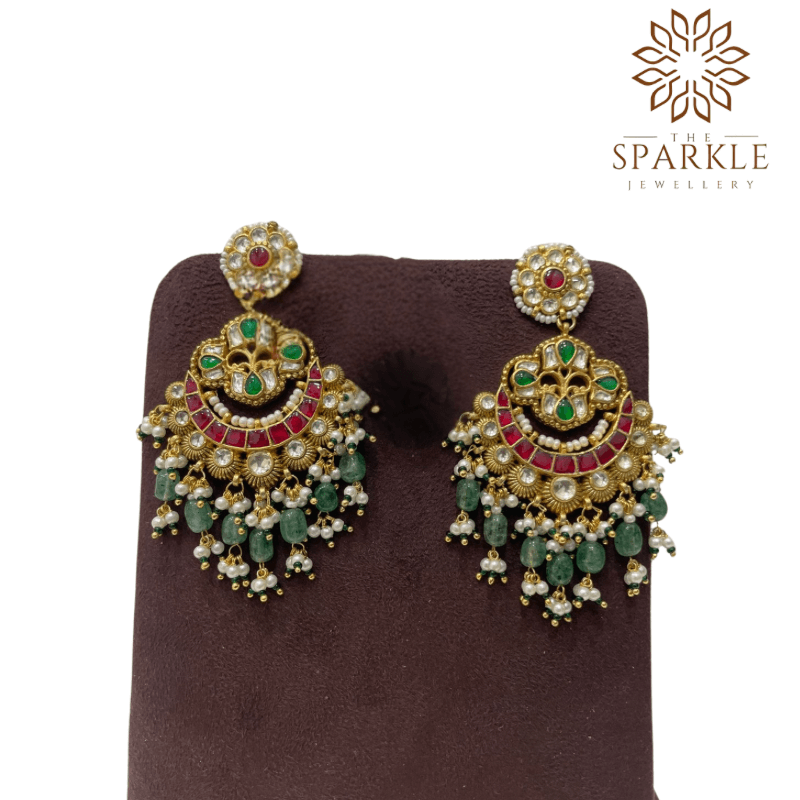Heritage ruby emerald pachi kundan jadau chandbali earrings with mint green bead drops pearl clusters 22k gold plated jewellery by The Sparkle Jewellery