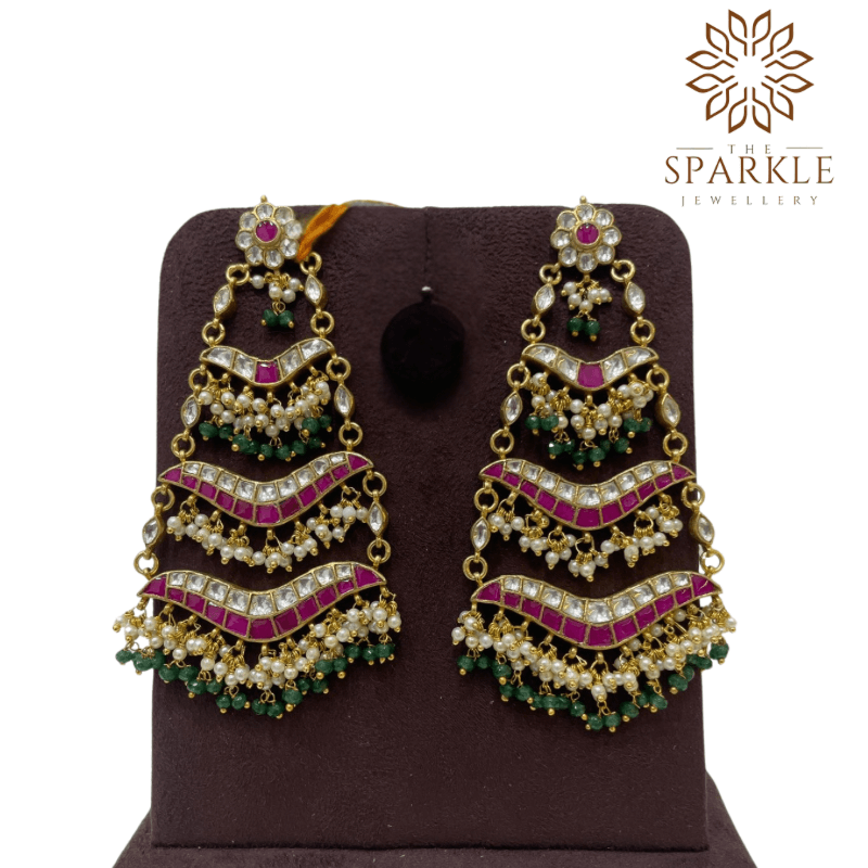 Heritage ruby pink pachi kundan jadau layered chandelier earrings with emerald green bead clusters pearl detailing 22k gold plated jewellery by The Sparkle Jewellery