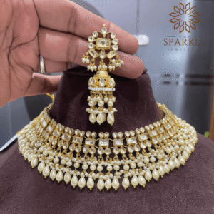Ivory pearl drop pachi kundan jadau choker necklace set with earrings white kundan stones 22k gold plated jewellery by The Sparkle Jewellery