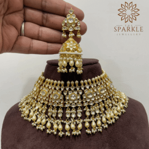 Ivory pearl heavy pachi kundan jadau choker necklace set with earrings white kundan polki stones 22k gold plated jewellery by The Sparkle Jewellery