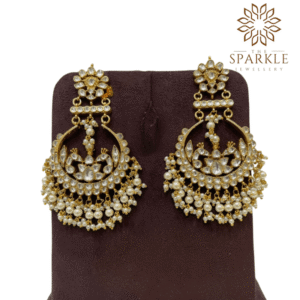 Ivory pearl pachi kundan jadau lotus chandbali earrings with white kundan stones pearl cluster drops 22k gold plated jewellery by The Sparkle Jewellery