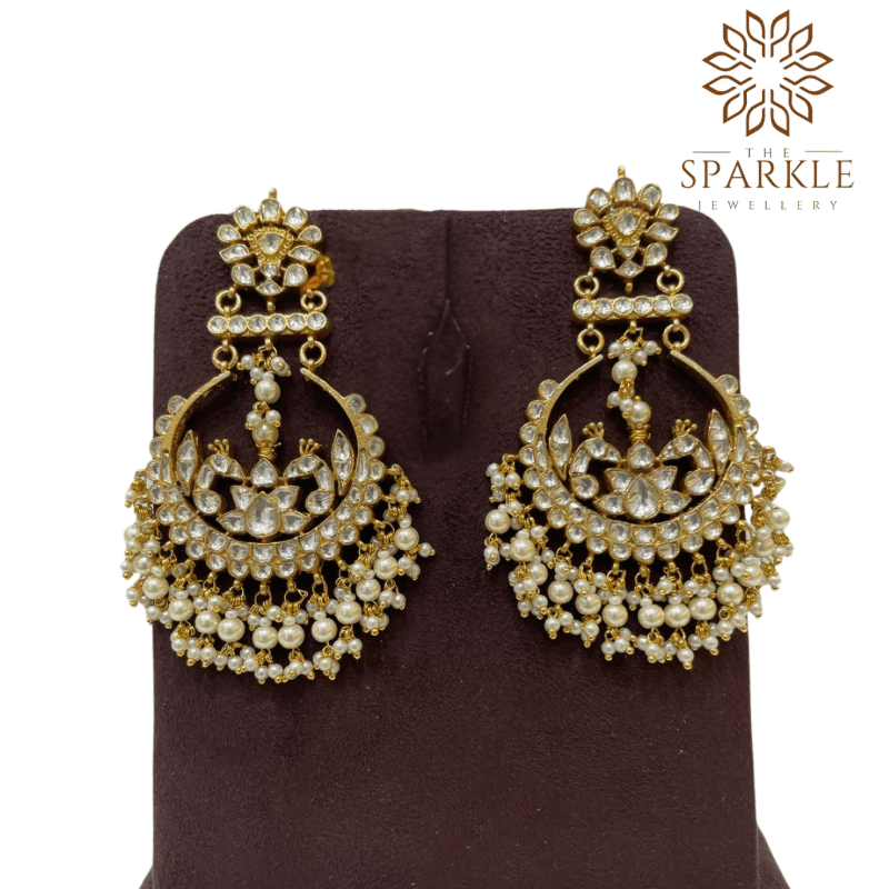 Ivory pearl pachi kundan jadau lotus chandbali earrings with white kundan stones pearl cluster drops 22k gold plated jewellery by The Sparkle Jewellery