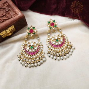The Sparkle Jewellery jadau pachi kundan gold plated pearl drop chandbali earrings