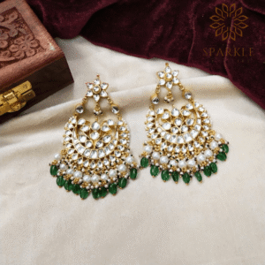 The Sparkle Jewellery jadau pachi kundan gold plated chandbali earrings with pearl and green bead drops
