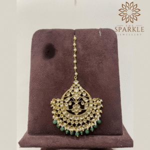 Mint green drop pachi jadau kundan maang tikka with off white ivory kundan stones pearl clusters 22k gold plated by The Sparkle Jewellery