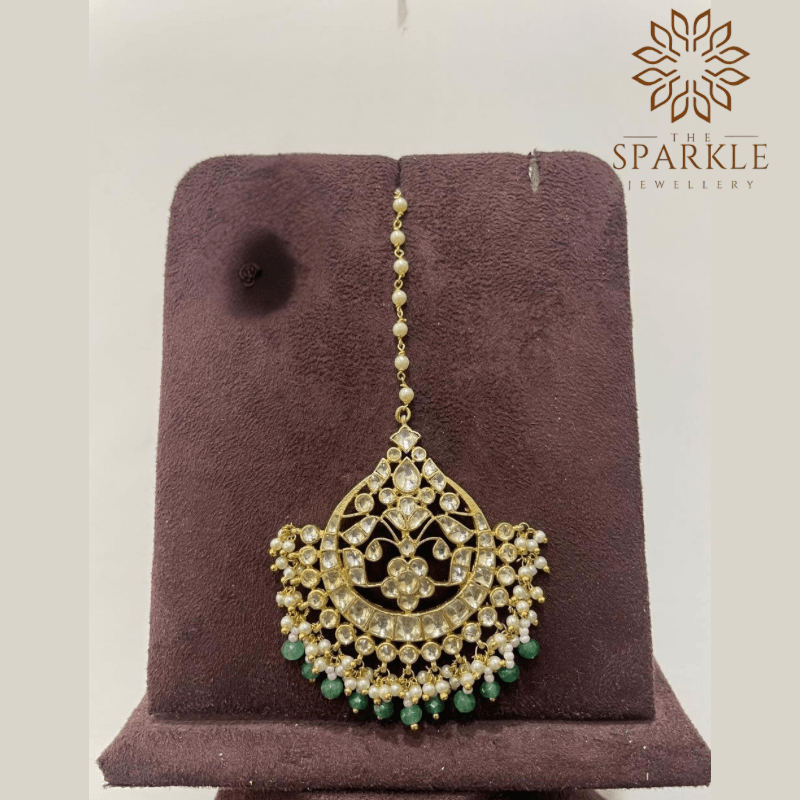Mint green drop pachi jadau kundan maang tikka with off white ivory kundan stones pearl clusters 22k gold plated by The Sparkle Jewellery