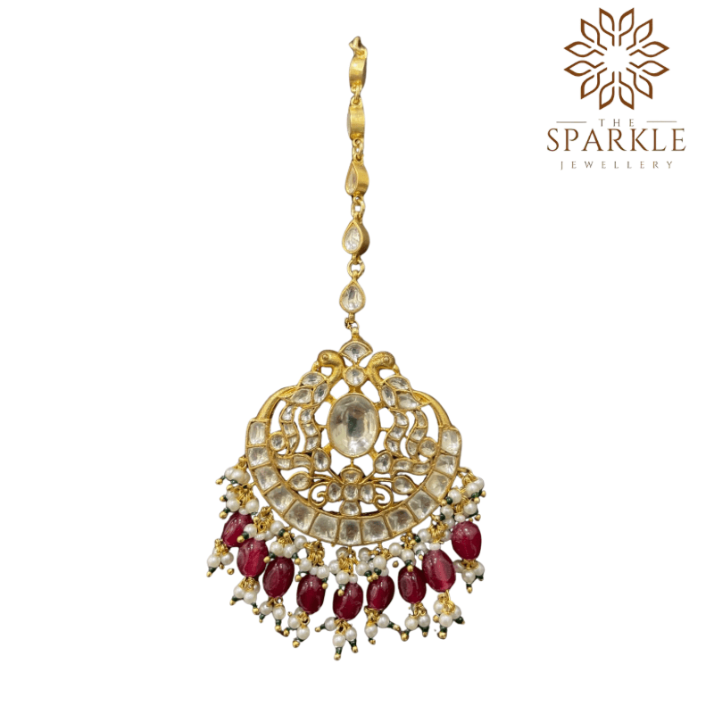 Wine maroon drop pachi jadau kundan maang tikka with off white ivory kundan stones pearl cluster detailing 22k gold plated jewellery by The Sparkle Jewellery