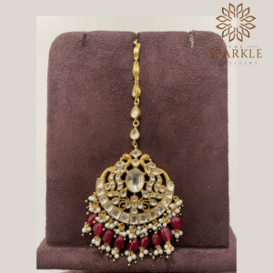 Wine maroon drop pachi jadau kundan maang tikka with off white ivory kundan stones pearl cluster detailing 22k gold plated jewellery by The Sparkle Jewellery