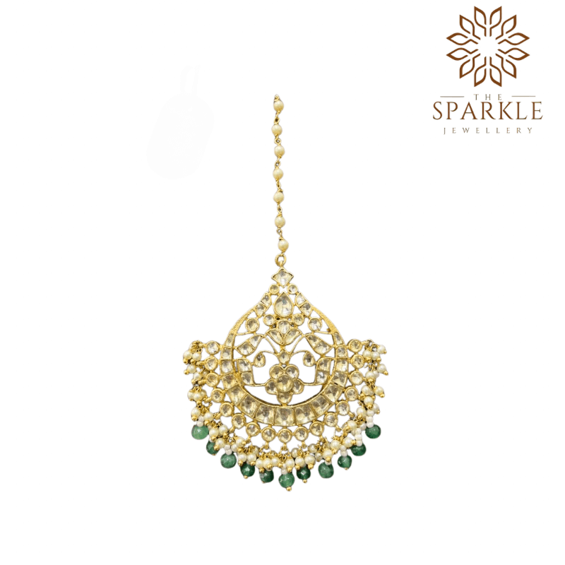 Mint green drop pachi jadau kundan maang tikka with off white ivory kundan stones pearl clusters 22k gold plated by The Sparkle Jewellery