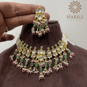 Mint green blush pink drop pachi kundan jadau choker necklace set with earrings white kundan polki stones pearl detailing 22k gold plated jewellery by The Sparkle Jewellery