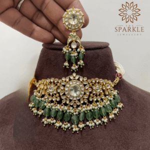 Mint green drop pachi kundan jadau choker necklace set with white kundan stones pearl detailing 22k gold plated jewellery by The Sparkle Jewellery