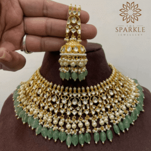 Mint green drop pachi kundan jadau choker necklace set with earrings white kundan stones pearl detailing 22k gold plated jewellery by The Sparkle Jewellery