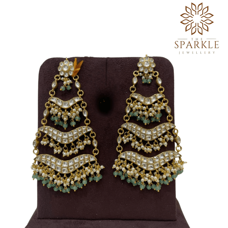 Mint green drop pachi kundan jadau layered chandelier earrings with pearl clusters white kundan stones 22k gold plated jewellery by The Sparkle Jewellery
