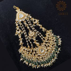 Mint green drop pachi kundan jadau passa hair accessory with white kundan stones pearl chains 22k gold plated jewellery by The Sparkle Jewellery