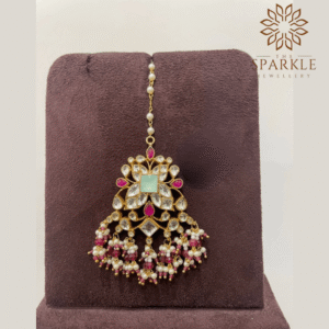 Mint green and rani pink pachi jadau kundan maang tikka with off white ivory kundan stones pearl clusters 22k gold plated by The Sparkle Jewellery