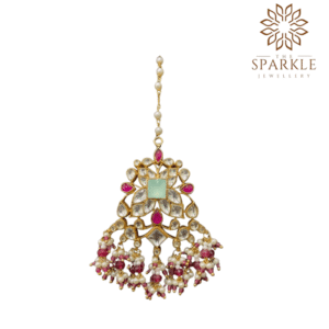 Mint green and rani pink pachi jadau kundan maang tikka with off white ivory kundan stones pearl clusters 22k gold plated by The Sparkle Jewellery