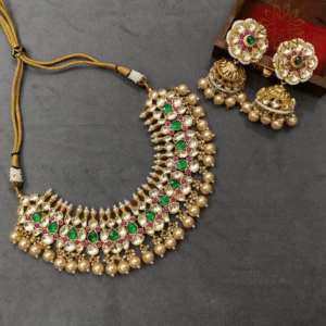 The Sparkle Jewellery multicolor jadau pachi kundan gold plated choker necklace set with pearl drop jhumka earrings