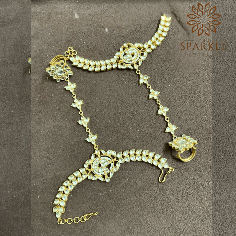Off white pachi jadau kundan bracelet style hathphool hand harness 22k gold plated jewellery by The Sparkle Jewellery