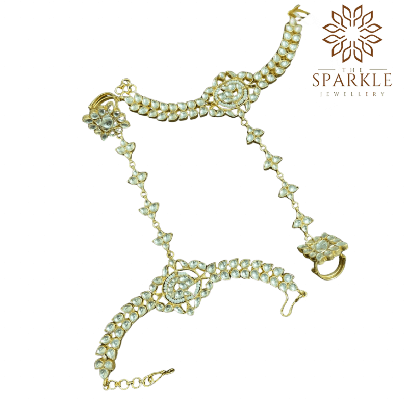 HP06-Off White Pachi Jadau Kundan Bracelet Style Hathphool – 22K Gold Plated Royal Indian Hand Jewellery | The Sparkle Jewellery - Image 2