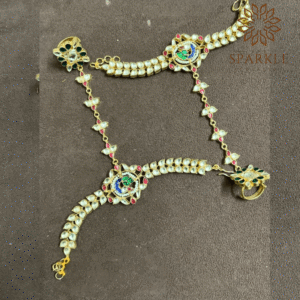 Off white ruby emerald royal blue pachi jadau kundan hathphool bracelet style hand harness 22k gold plated jewellery by The Sparkle Jewellery