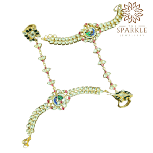 Off white ruby emerald royal blue pachi jadau kundan hathphool bracelet style hand harness 22k gold plated jewellery by The Sparkle Jewellery