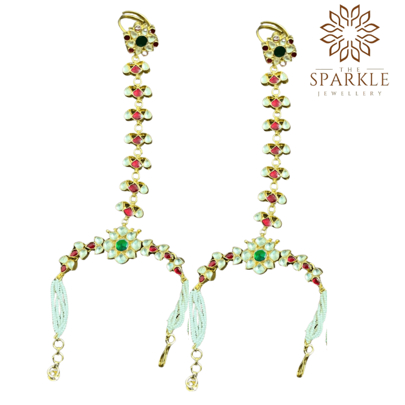 HP05-Off White Ruby Pink & Emerald Green Pachi Jadau Kundan Hathphool with Pearl Bracelet Chains - 22K Gold Plated Royal Hand Jewellery | The Sparkle Jewellery - Image 2