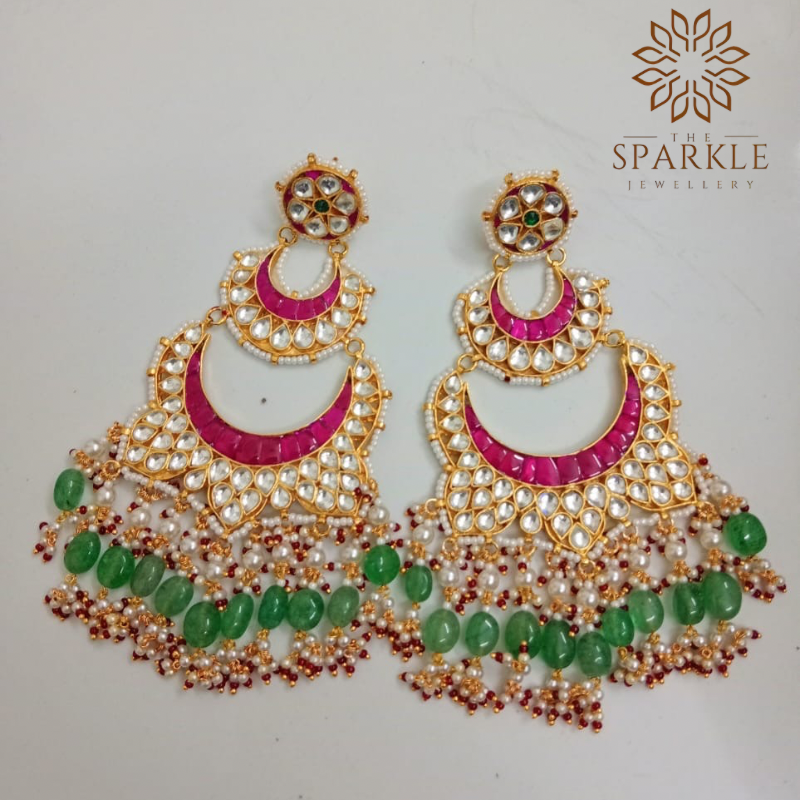 Oversize Pachi Kundan jadau chandbali earrings with pink enamel detail, white kundan stones, pearl clusters and green bead drops in 22K gold plating by The Sparkle Jewellery